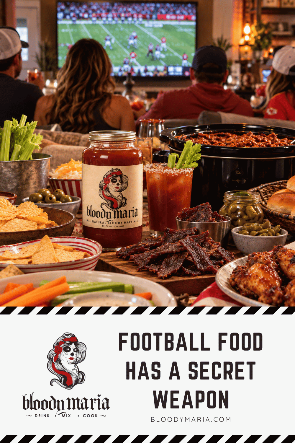Football food on a table with Bloody Maria as two couples watch the game 